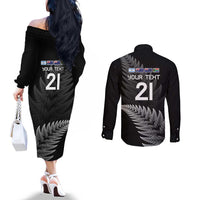 New Zealand Rugby Custom Couples Matching Off The Shoulder Long Sleeve Dress and Long Sleeve Button Shirt Glory Be To Black Silver-fern LT9 - Polynesian Pride