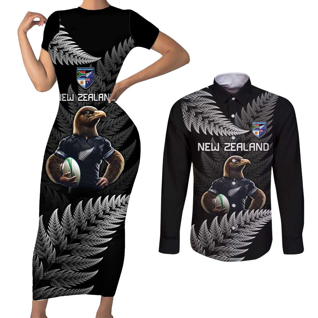 New Zealand Rugby Custom Couples Matching Short Sleeve Bodycon Dress and Long Sleeve Button Shirt Glory Be To Black Silver-fern LT9 Black - Polynesian Pride