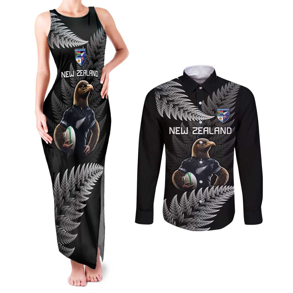 New Zealand Rugby Custom Couples Matching Tank Maxi Dress and Long Sleeve Button Shirt Glory Be To Black Silver-fern - Polynesian Pride