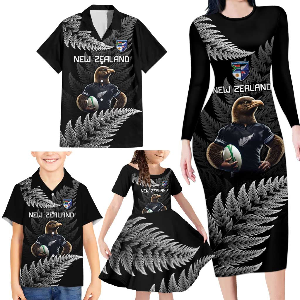 New Zealand Rugby Custom Family Matching Long Sleeve Bodycon Dress and Hawaiian Shirt Glory Be To Black Silver-fern LT9 - Polynesian Pride