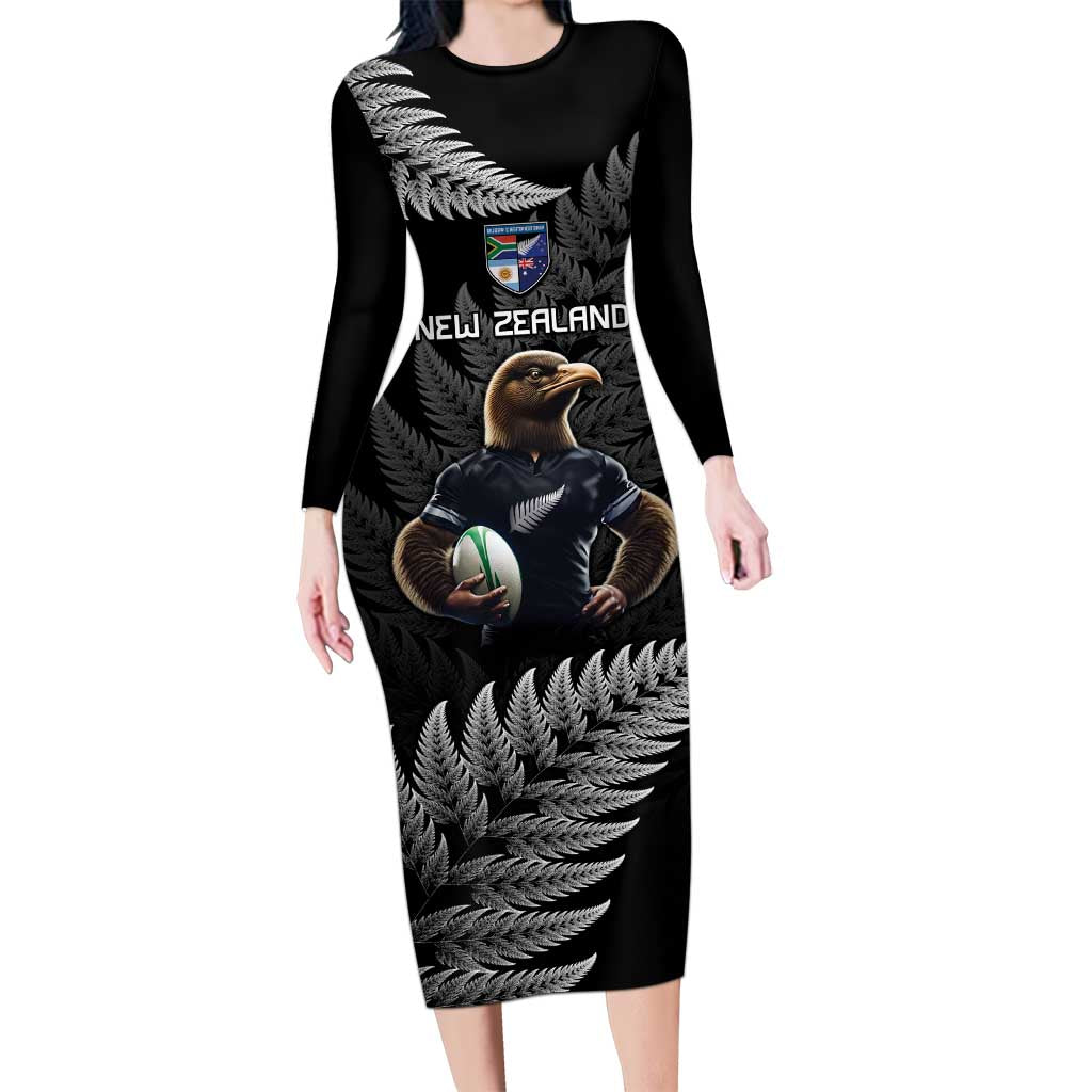 New Zealand Rugby Custom Family Matching Long Sleeve Bodycon Dress and Hawaiian Shirt Glory Be To Black Silver-fern LT9 Mom's Dress Black - Polynesian Pride