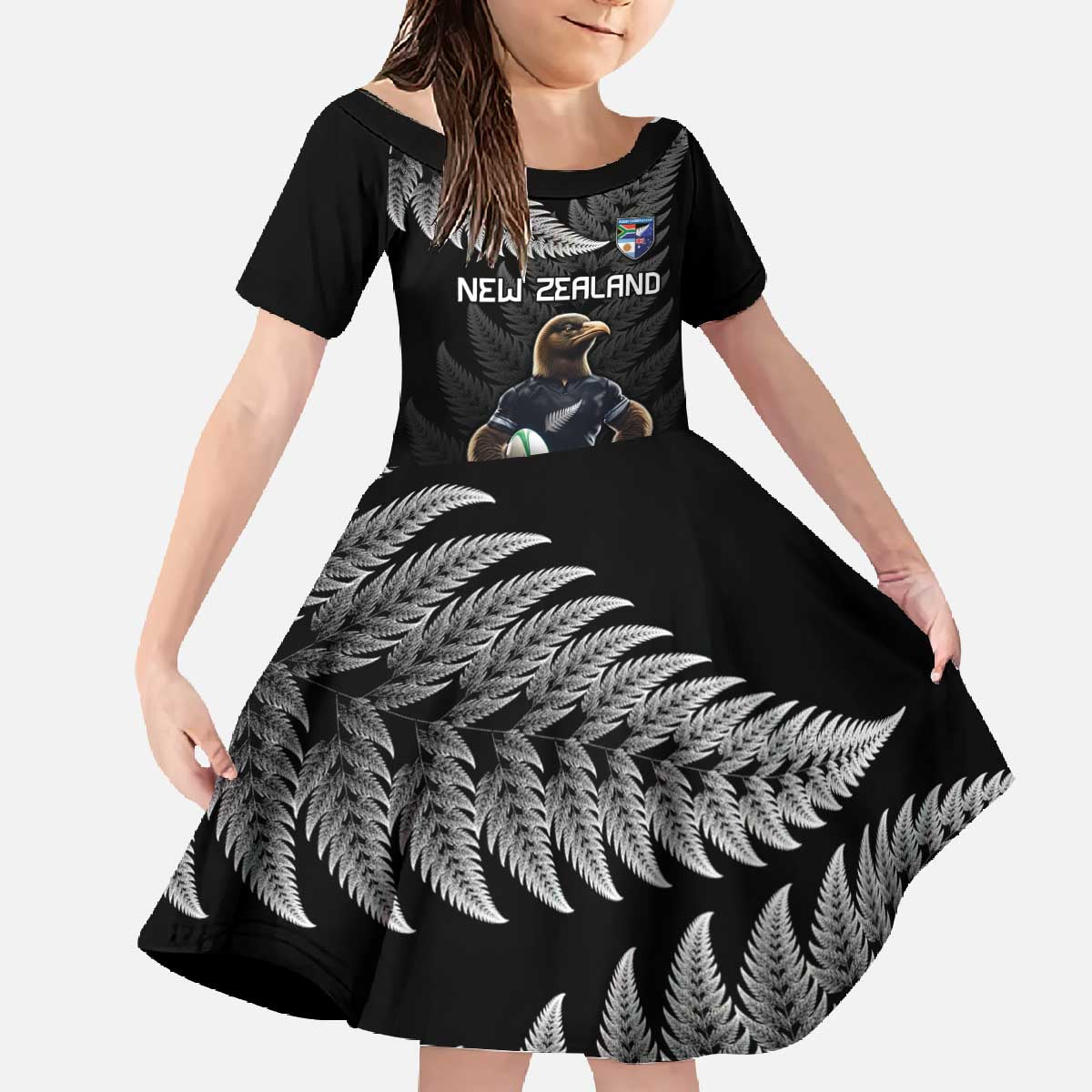 New Zealand Rugby Custom Family Matching Off The Shoulder Long Sleeve Dress and Hawaiian Shirt Glory Be To Black Silver-fern LT9 Daughter's Dress Black - Polynesian Pride