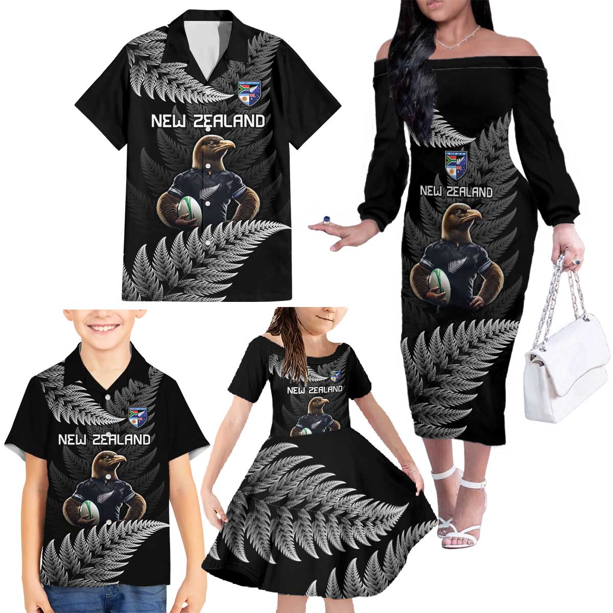 New Zealand Rugby Custom Family Matching Off The Shoulder Long Sleeve Dress and Hawaiian Shirt Glory Be To Black Silver-fern LT9 - Polynesian Pride