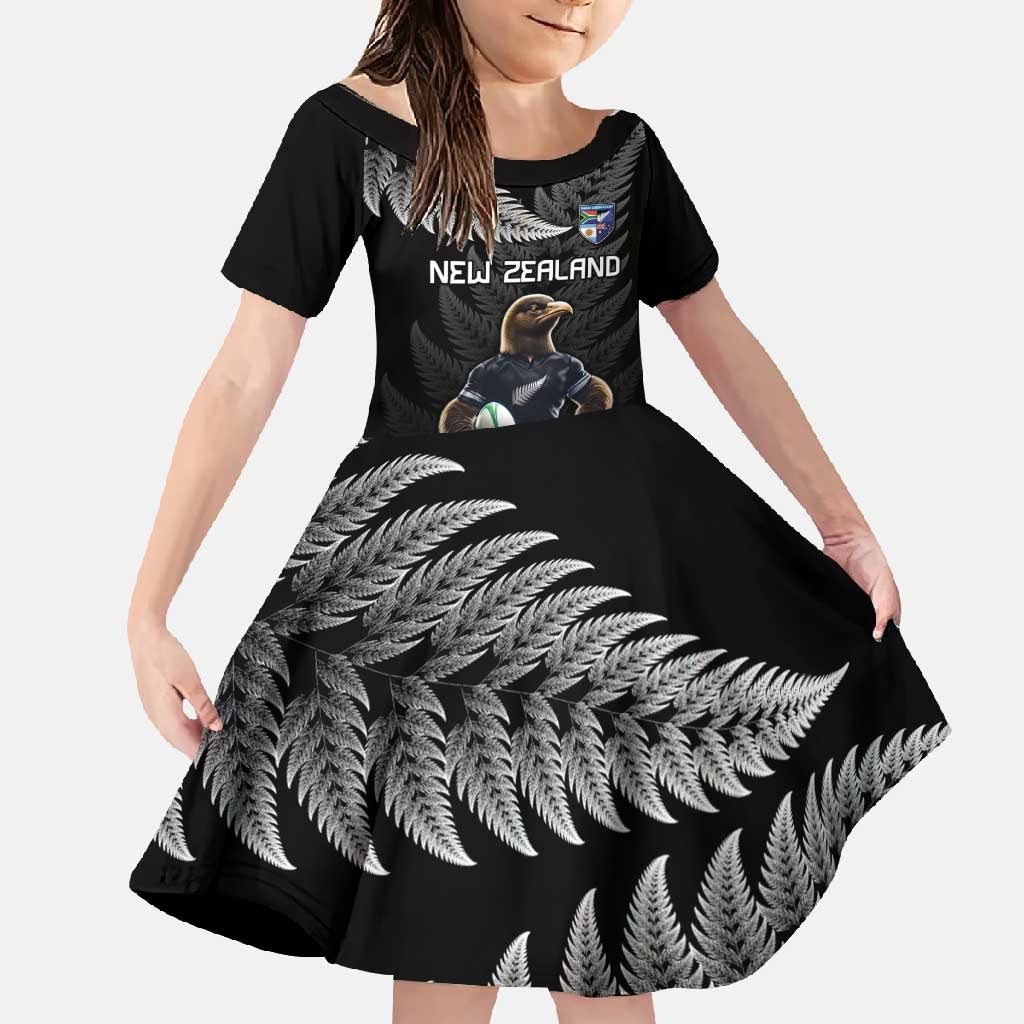 New Zealand Rugby Custom Family Matching Off Shoulder Maxi Dress and Hawaiian Shirt Glory Be To Black Silver-fern LT9 Daughter's Dress Black - Polynesian Pride