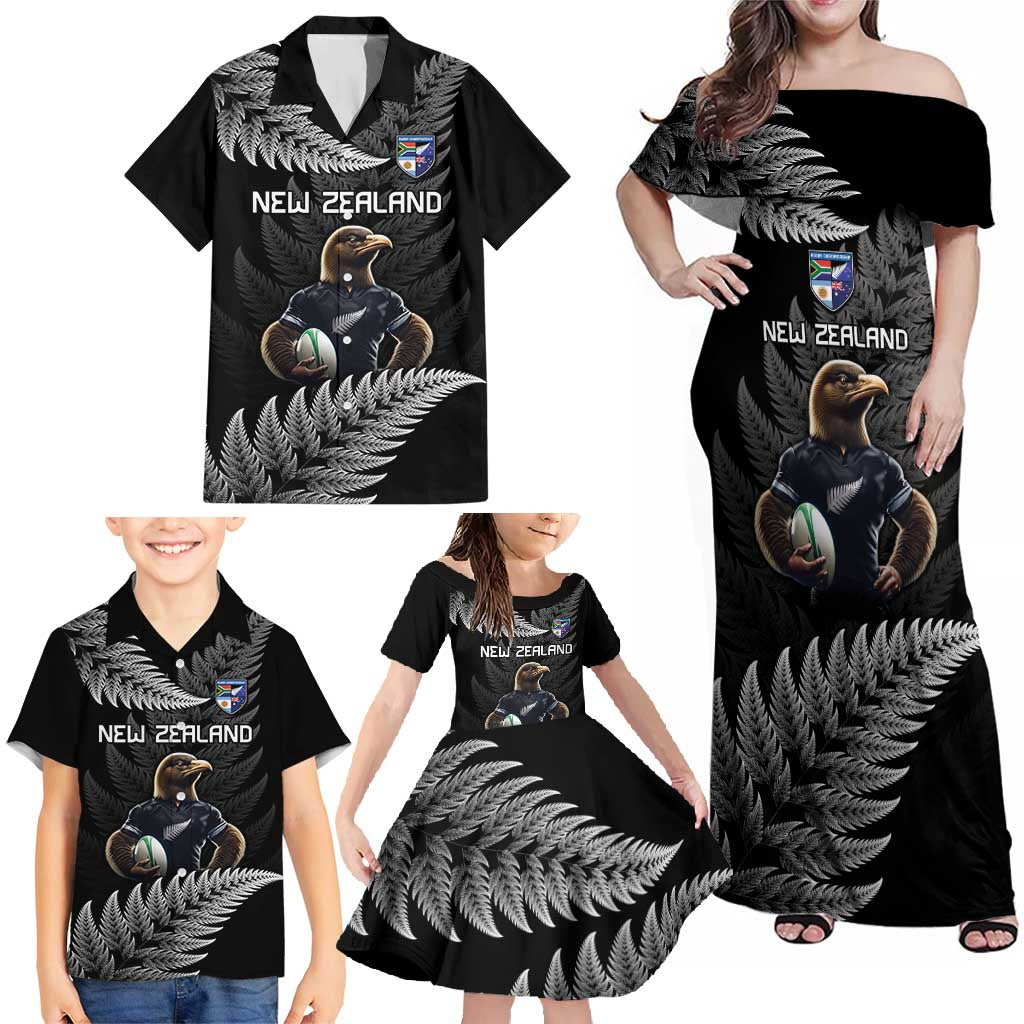 New Zealand Rugby Custom Family Matching Off Shoulder Maxi Dress and Hawaiian Shirt Glory Be To Black Silver-fern LT9 - Polynesian Pride
