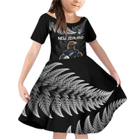 New Zealand Rugby Custom Family Matching Off Shoulder Short Dress and Hawaiian Shirt Glory Be To Black Silver-fern LT9 Daughter's Dress Black - Polynesian Pride