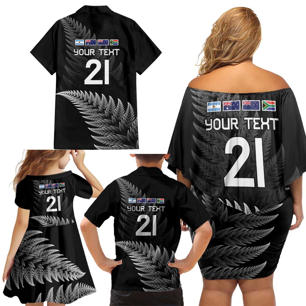 New Zealand Rugby Custom Family Matching Off Shoulder Short Dress and Hawaiian Shirt Glory Be To Black Silver-fern LT9 - Polynesian Pride