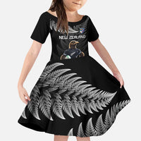 New Zealand Rugby Custom Family Matching Puletasi and Hawaiian Shirt Glory Be To Black Silver-fern LT9 Daughter's Dress Black - Polynesian Pride