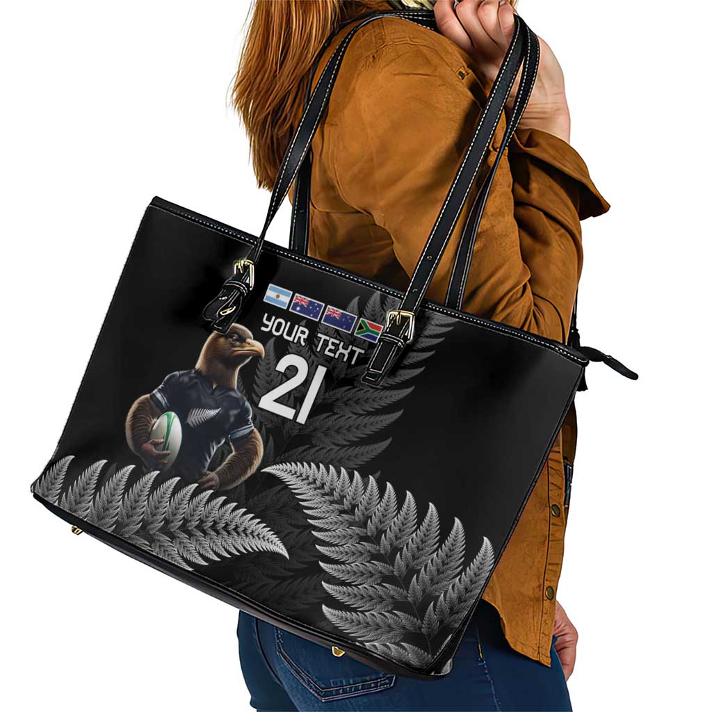 New Zealand Rugby Custom Leather Tote Bag Glory Be To Black Silver-fern - Polynesian Pride