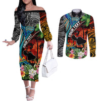 Personalised Hawaii Strong Maui Wildfire Couples Matching Off The Shoulder Long Sleeve Dress and Long Sleeve Button Shirts Pray For Lahaina Maui LT9 Black - Polynesian Pride