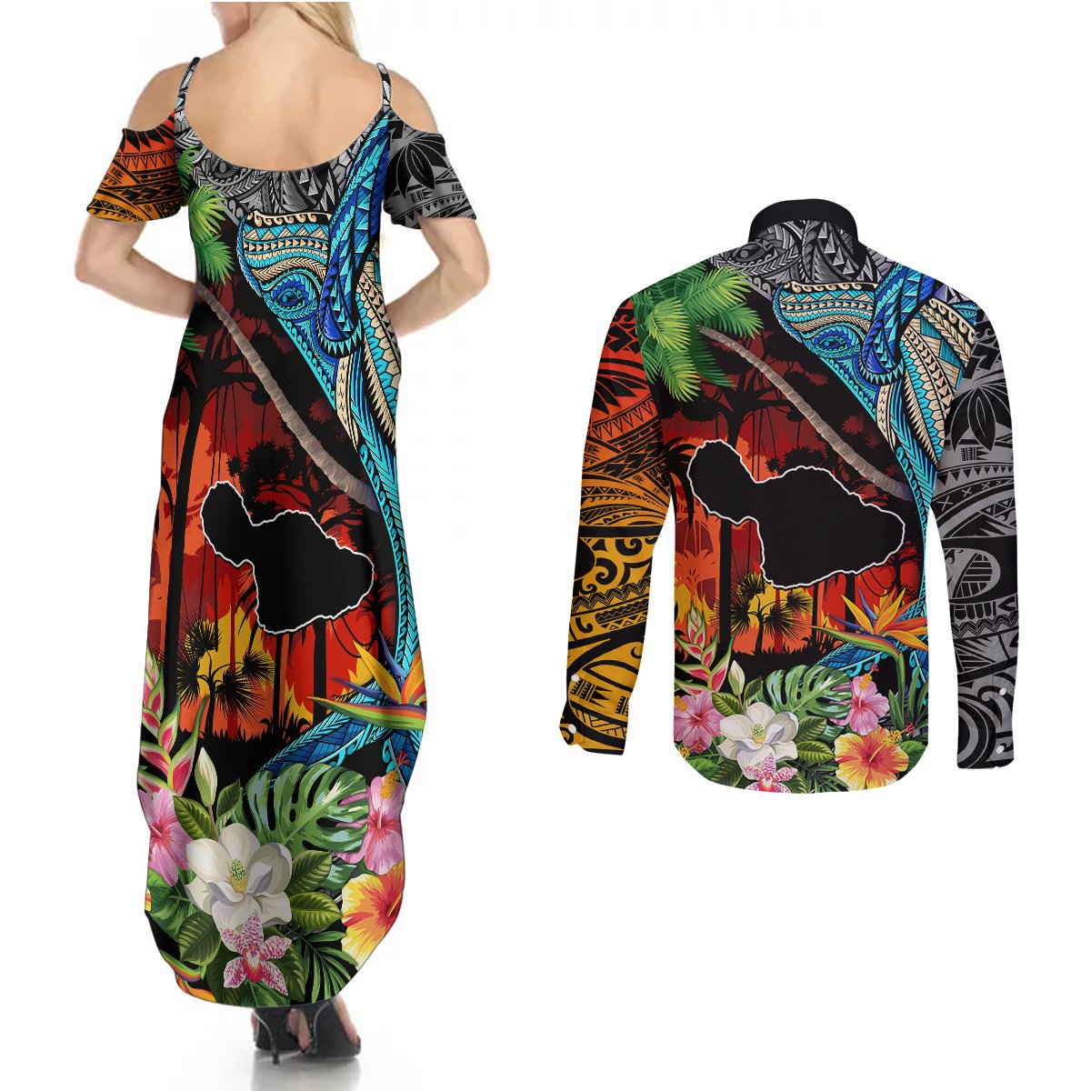Personalised Hawaii Strong Maui Wildfire Couples Matching Summer Maxi Dress and Long Sleeve Button Shirts Pray For Lahaina Maui LT9 - Polynesian Pride