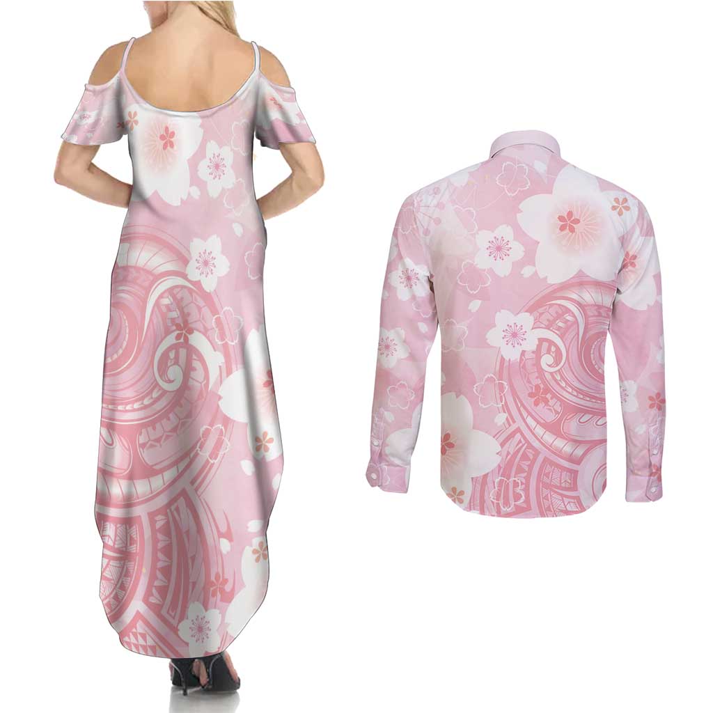 Japan Sakura Floral with Polynesian Vibe Couples Matching Summer Maxi Dress and Long Sleeve Button Shirt