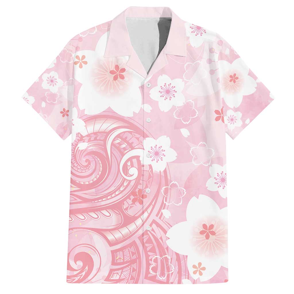 Japan Sakura Floral with Polynesian Vibe Family Matching Long Sleeve Bodycon Dress and Hawaiian Shirt LT9 Dad's Shirt - Short Sleeve Pink - Polynesian Pride