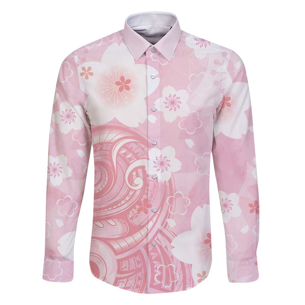 Japan Sakura Floral with Polynesian Vibe Family Matching Long Sleeve Bodycon Dress and Hawaiian Shirt LT9 Dad's Shirt - Long Sleeve Pink - Polynesian Pride