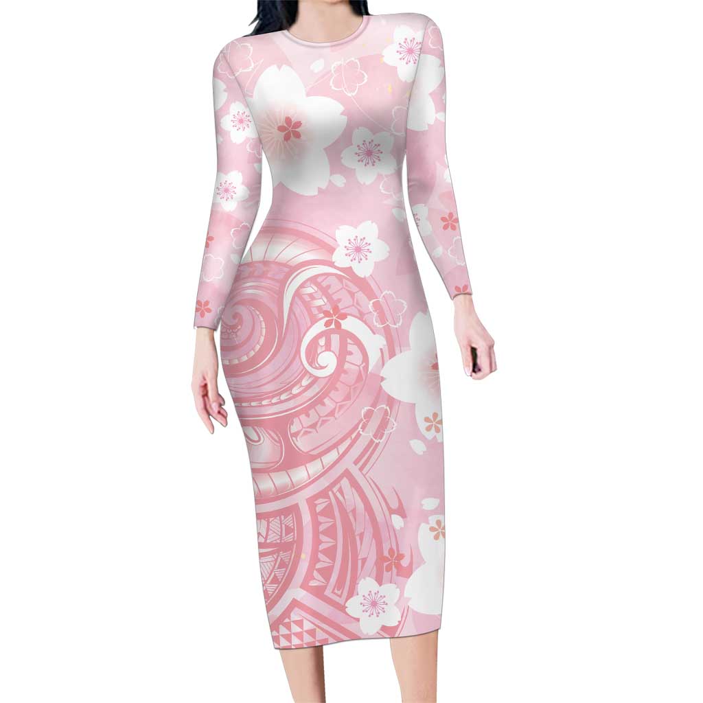 Japan Sakura Floral with Polynesian Vibe Family Matching Long Sleeve Bodycon Dress and Hawaiian Shirt LT9 Mom's Dress Pink - Polynesian Pride