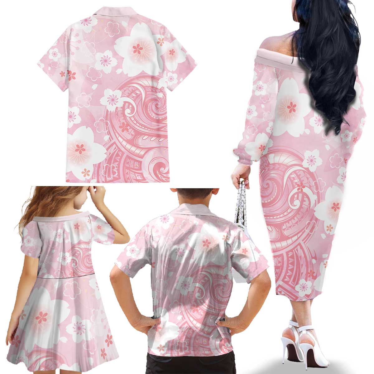 Japan Sakura Floral with Polynesian Vibe Family Matching Off The Shoulder Long Sleeve Dress and Hawaiian Shirt LT9 - Polynesian Pride