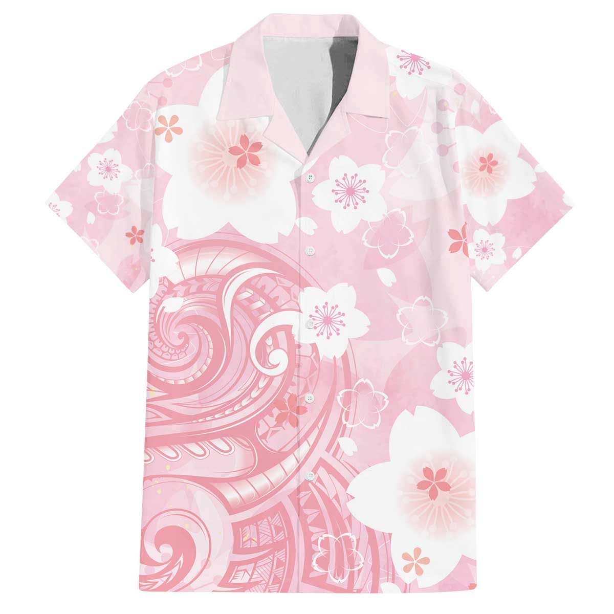 Japan Sakura Floral with Polynesian Vibe Family Matching Off The Shoulder Long Sleeve Dress and Hawaiian Shirt LT9 Dad's Shirt - Short Sleeve Pink - Polynesian Pride