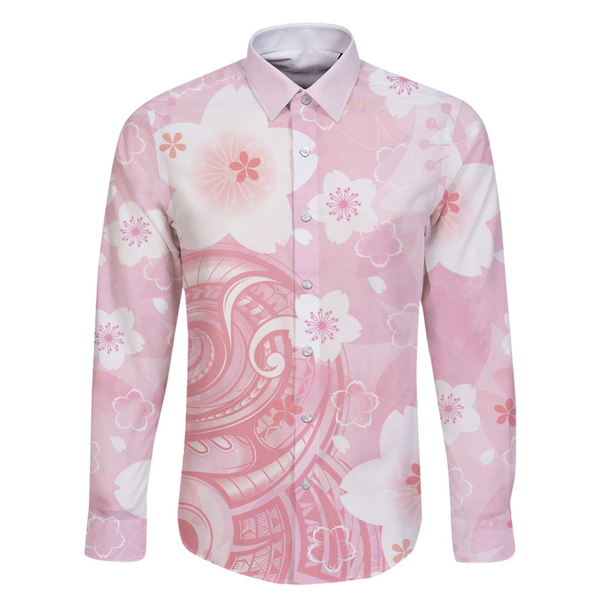 Japan Sakura Floral with Polynesian Vibe Family Matching Off The Shoulder Long Sleeve Dress and Hawaiian Shirt LT9 Dad's Shirt - Long Sleeve Pink - Polynesian Pride