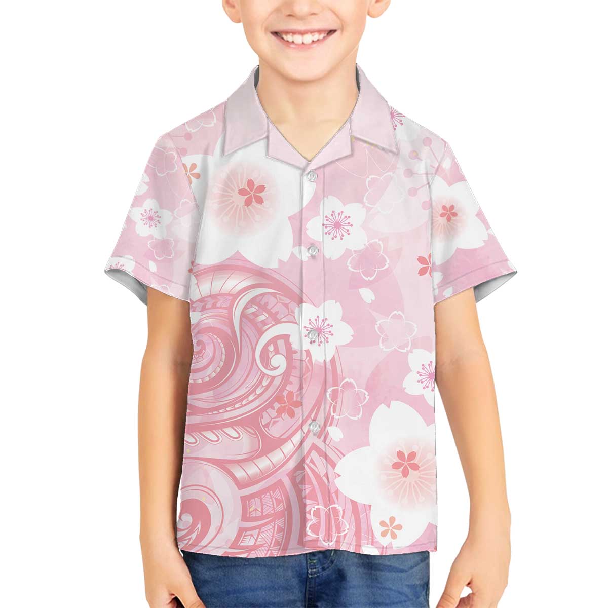 Japan Sakura Floral with Polynesian Vibe Family Matching Off The Shoulder Long Sleeve Dress and Hawaiian Shirt LT9 Son's Shirt Pink - Polynesian Pride