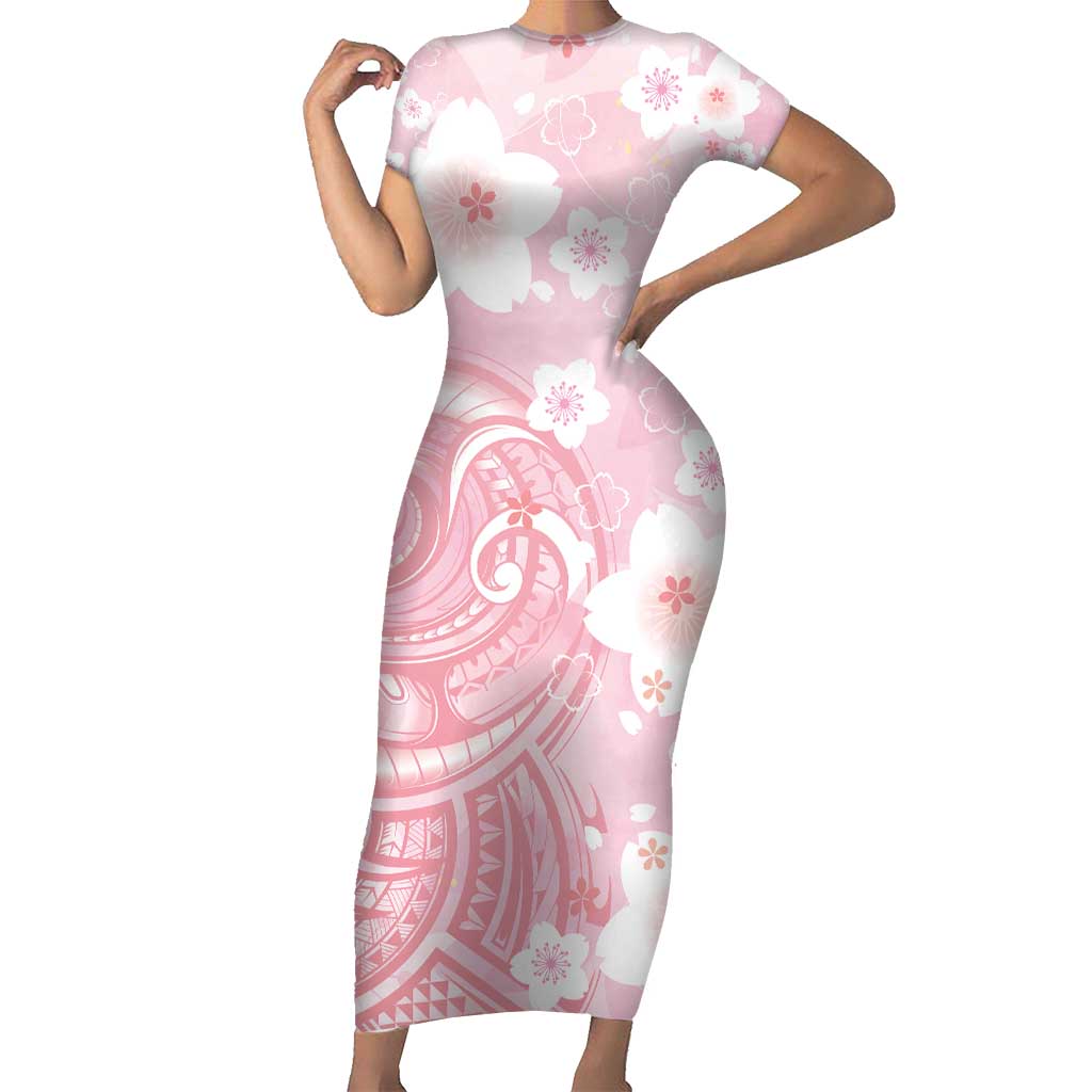 Japan Sakura Floral with Polynesian Vibe Family Matching Short Sleeve Bodycon Dress and Hawaiian Shirt LT9 Mom's Dress Pink - Polynesian Pride