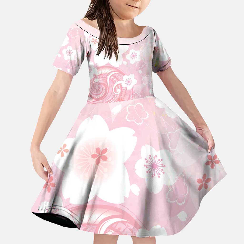 Japan Sakura Floral with Polynesian Vibe Family Matching Tank Maxi Dress and Hawaiian Shirt LT9 Daughter's Dress Pink - Polynesian Pride