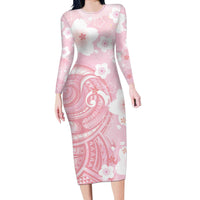 Japan Sakura Floral with Polynesian Vibe Long Sleeve Bodycon Dress LT9 Long Dress Pink - Polynesian Pride