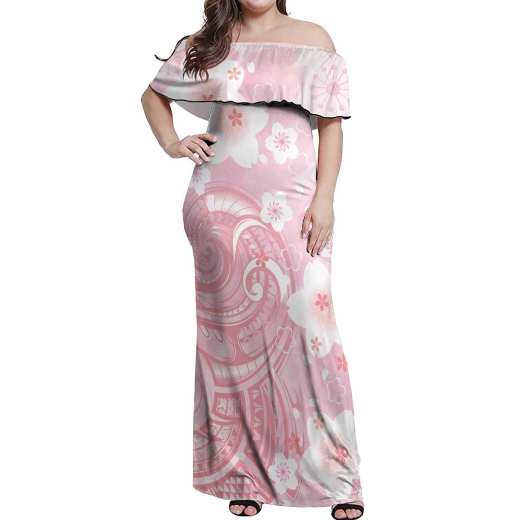 Japan Sakura Floral with Polynesian Vibe Off Shoulder Maxi Dress