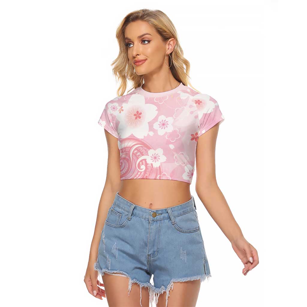 Japan Sakura Floral with Polynesian Vibe Raglan Cropped T Shirt