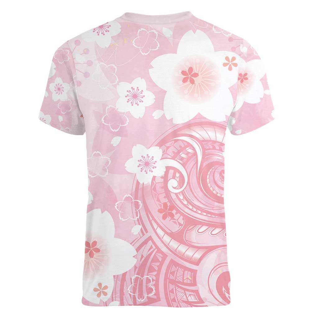 Japan Sakura Floral with Polynesian Vibe Women V-Neck T-Shirt