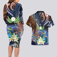 Marshall Islands Kwajalein Atoll Couples Matching Long Sleeve Bodycon Dress and Hawaiian Shirt Plumeria Sea Turtle with Polynesian Tribal LT9 - Polynesian Pride