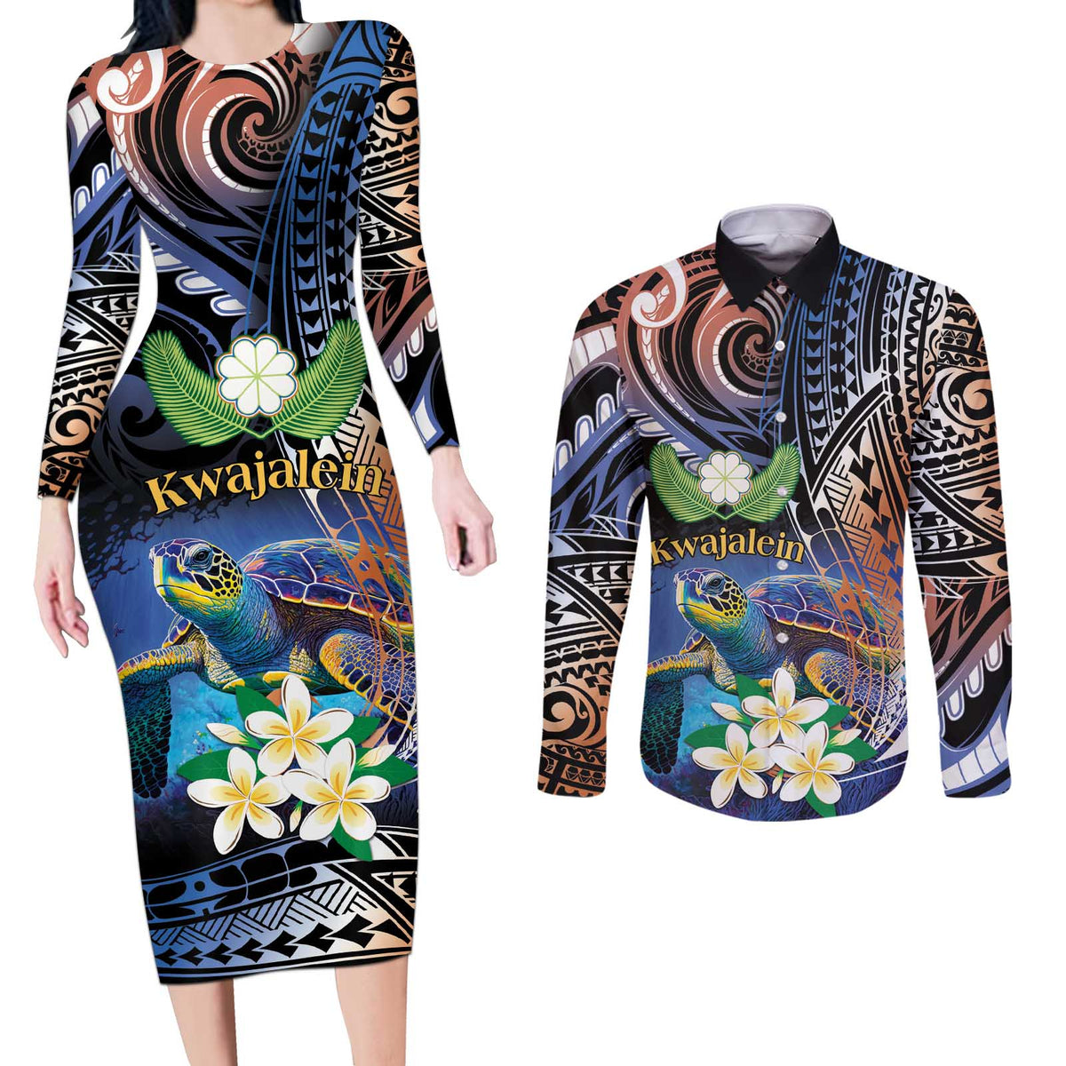 Marshall Islands Kwajalein Atoll Couples Matching Long Sleeve Bodycon Dress and Long Sleeve Button Shirt Plumeria Sea Turtle with Polynesian Tribal LT9 Blue - Polynesian Pride