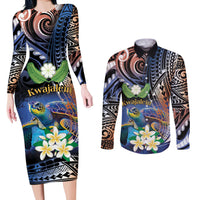 Marshall Islands Kwajalein Atoll Couples Matching Long Sleeve Bodycon Dress and Long Sleeve Button Shirt Plumeria Sea Turtle with Polynesian Tribal LT9 Blue - Polynesian Pride