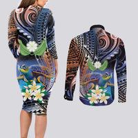 Marshall Islands Kwajalein Atoll Couples Matching Long Sleeve Bodycon Dress and Long Sleeve Button Shirt Plumeria Sea Turtle with Polynesian Tribal LT9 - Polynesian Pride