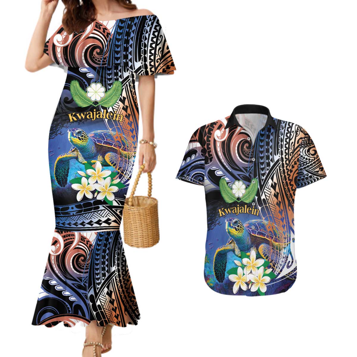 Marshall Islands Kwajalein Atoll Couples Matching Mermaid Dress and Hawaiian Shirt Plumeria Sea Turtle with Polynesian Tribal LT9 Blue - Polynesian Pride