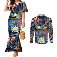 Marshall Islands Kwajalein Atoll Couples Matching Mermaid Dress and Long Sleeve Button Shirt Plumeria Sea Turtle with Polynesian Tribal LT9 Blue - Polynesian Pride