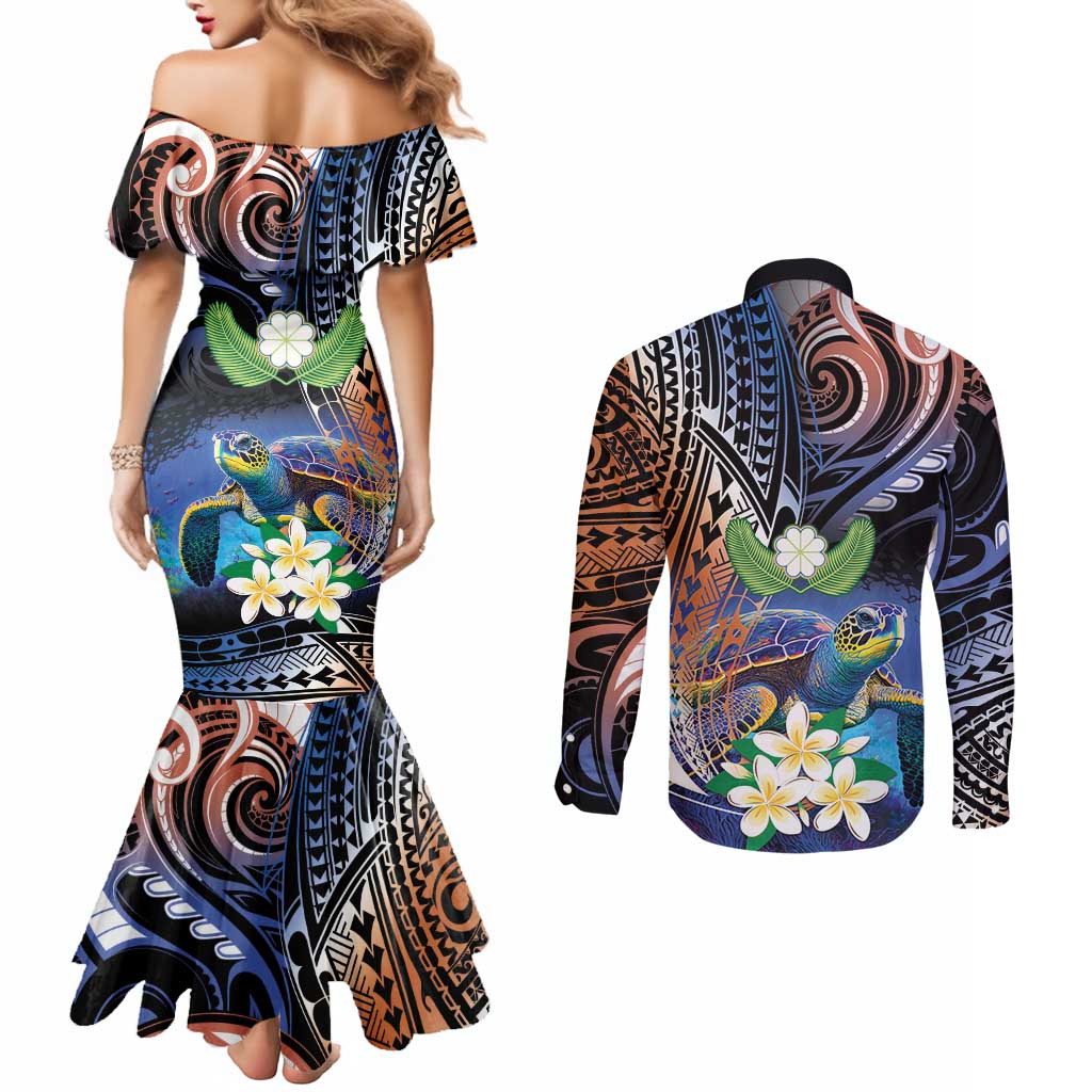 Marshall Islands Kwajalein Atoll Couples Matching Mermaid Dress and Long Sleeve Button Shirt Plumeria Sea Turtle with Polynesian Tribal LT9 - Polynesian Pride