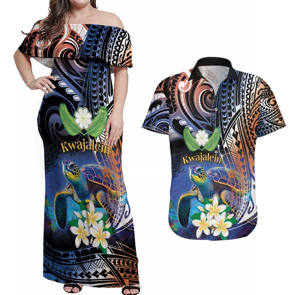 Marshall Islands Kwajalein Atoll Couples Matching Off Shoulder Maxi Dress and Hawaiian Shirt Plumeria Sea Turtle with Polynesian Tribal LT9 Blue - Polynesian Pride