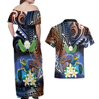 Marshall Islands Kwajalein Atoll Couples Matching Off Shoulder Maxi Dress and Hawaiian Shirt Plumeria Sea Turtle with Polynesian Tribal LT9 - Polynesian Pride