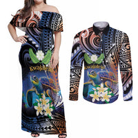Marshall Islands Kwajalein Atoll Couples Matching Off Shoulder Maxi Dress and Long Sleeve Button Shirt Plumeria Sea Turtle with Polynesian Tribal LT9 Blue - Polynesian Pride