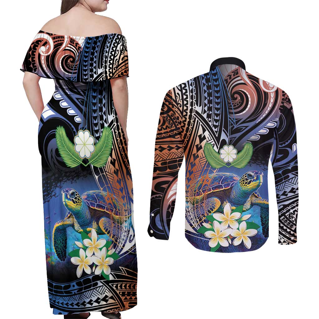 Marshall Islands Kwajalein Atoll Couples Matching Off Shoulder Maxi Dress and Long Sleeve Button Shirt Plumeria Sea Turtle with Polynesian Tribal LT9 - Polynesian Pride