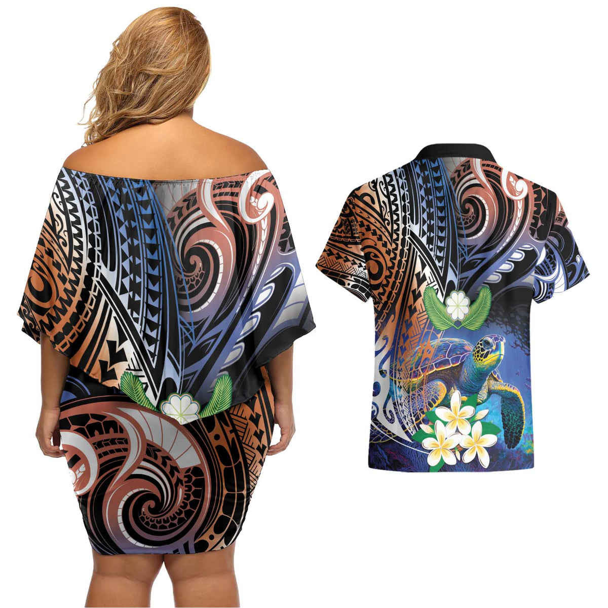 Marshall Islands Kwajalein Atoll Couples Matching Off Shoulder Short Dress and Hawaiian Shirt Plumeria Sea Turtle with Polynesian Tribal LT9 - Polynesian Pride