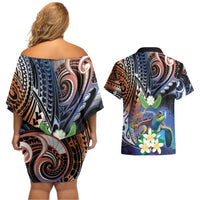 Marshall Islands Kwajalein Atoll Couples Matching Off Shoulder Short Dress and Hawaiian Shirt Plumeria Sea Turtle with Polynesian Tribal LT9 - Polynesian Pride