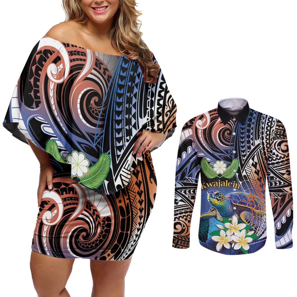 Marshall Islands Kwajalein Atoll Couples Matching Off Shoulder Short Dress and Long Sleeve Button Shirt Plumeria Sea Turtle with Polynesian Tribal LT9 Blue - Polynesian Pride