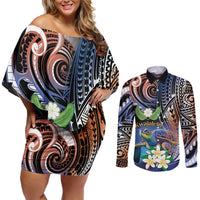 Marshall Islands Kwajalein Atoll Couples Matching Off Shoulder Short Dress and Long Sleeve Button Shirt Plumeria Sea Turtle with Polynesian Tribal LT9 Blue - Polynesian Pride