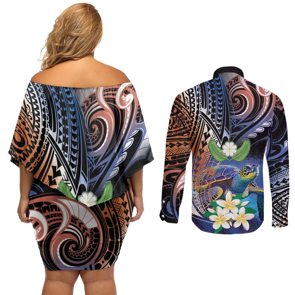 Marshall Islands Kwajalein Atoll Couples Matching Off Shoulder Short Dress and Long Sleeve Button Shirt Plumeria Sea Turtle with Polynesian Tribal LT9 - Polynesian Pride