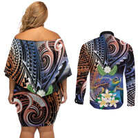 Marshall Islands Kwajalein Atoll Couples Matching Off Shoulder Short Dress and Long Sleeve Button Shirt Plumeria Sea Turtle with Polynesian Tribal LT9 - Polynesian Pride