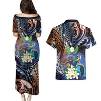 Marshall Islands Kwajalein Atoll Couples Matching Puletasi and Hawaiian Shirt Plumeria Sea Turtle with Polynesian Tribal LT9 - Polynesian Pride