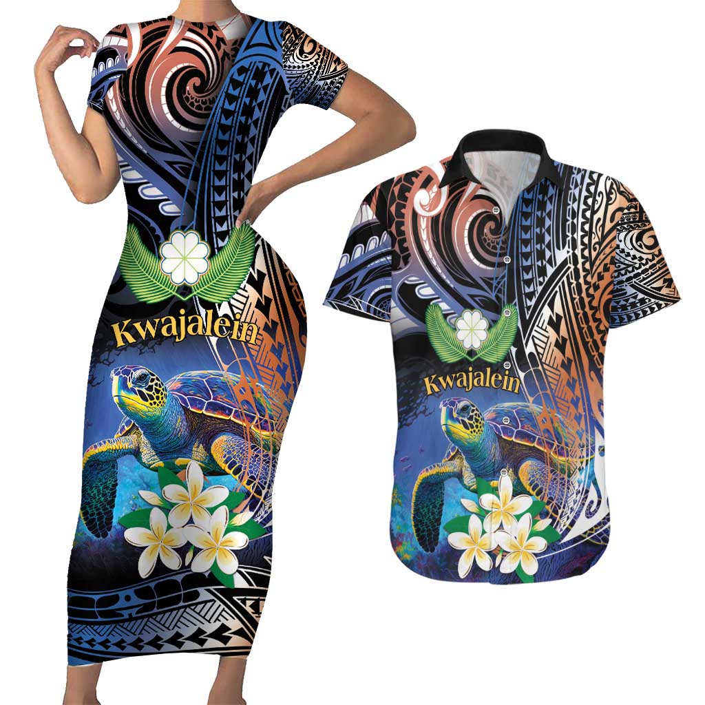 Marshall Islands Kwajalein Atoll Couples Matching Short Sleeve Bodycon Dress and Hawaiian Shirt Plumeria Sea Turtle with Polynesian Tribal LT9 Blue - Polynesian Pride