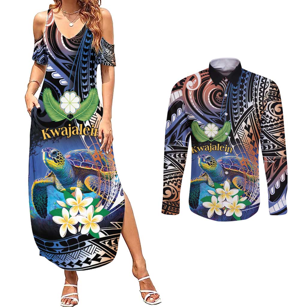 Marshall Islands Kwajalein Atoll Couples Matching Summer Maxi Dress and Long Sleeve Button Shirt Plumeria Sea Turtle with Polynesian Tribal LT9 Blue - Polynesian Pride