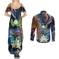 Marshall Islands Kwajalein Atoll Couples Matching Summer Maxi Dress and Long Sleeve Button Shirt Plumeria Sea Turtle with Polynesian Tribal LT9 - Polynesian Pride